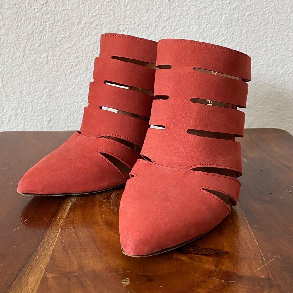 Rebecca Minoff Pastel Red Suede Heels